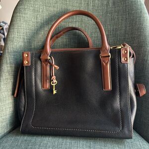 Fossil Claire leather black large Satchel handbag tote purse handle bag classic